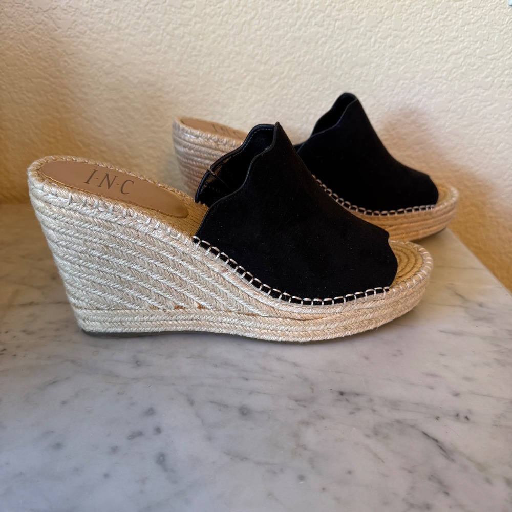 INC International Concepts Camile Black Espadrille Wedge Sandals 9.5M